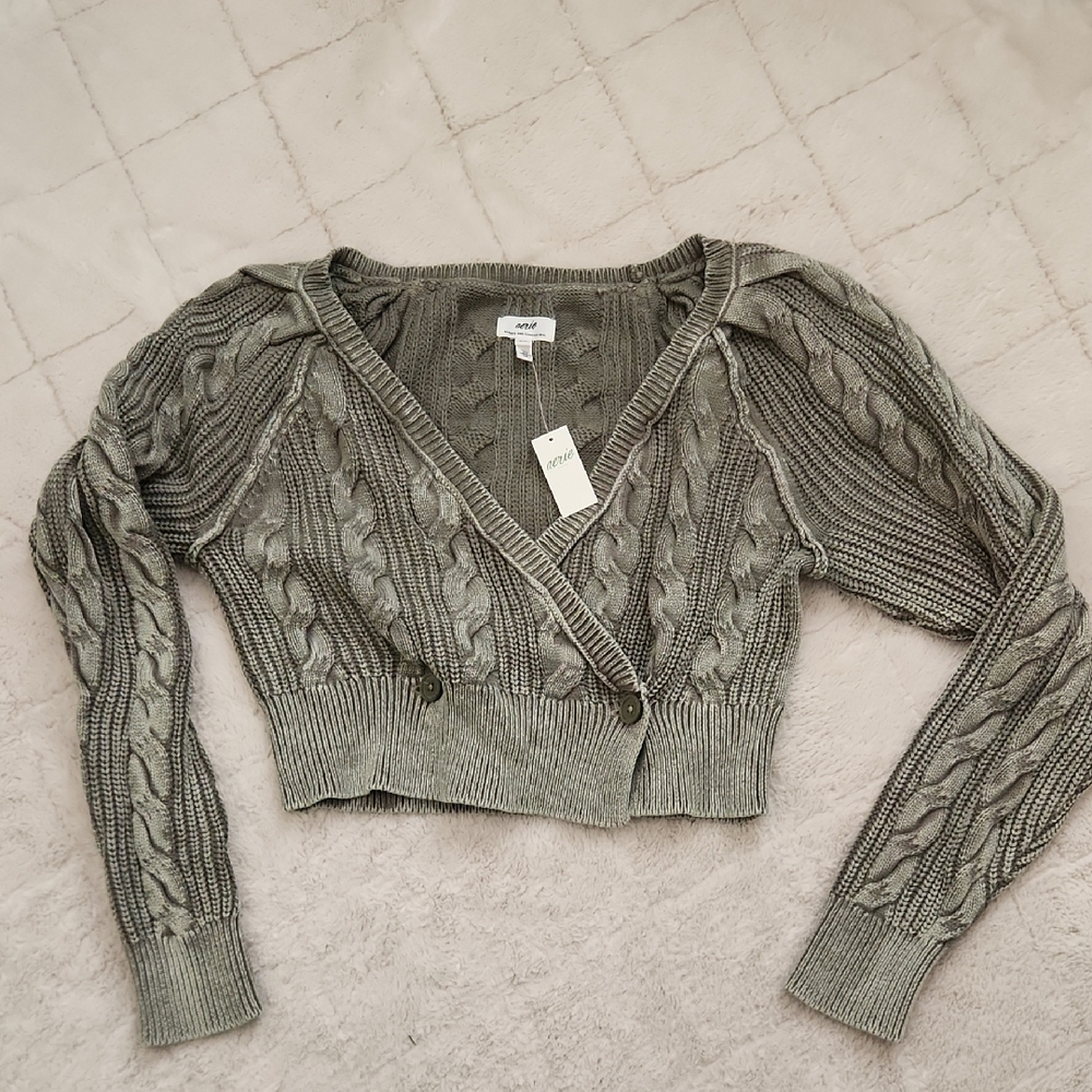 AERIE Olive Green Cable Knit Wrap Sweater